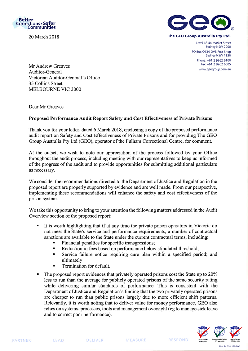 Safety and Cost Effectiveness of Private Prisons Victorian Auditor